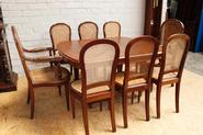 Mahogany and bronze Louis XVI table + 2 arm chairs + 6 chairs 