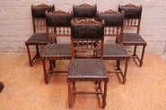 6 Henri II style chairs in walnut with perfect leather