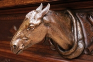 Hunt mirror in oak with bronze dogs and horse head and marble