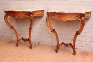 pair bombe Louis XV style consoles in walnut with marble top