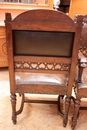 Renaissance style Arm chairs in oak and leather, France 19th century