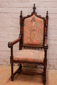 Qaulity gothic style arm chair in walnut with needlelpoint