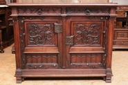 Walnut Gothic server with marble top and metal ornaments