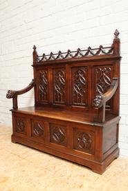 walnut gothic hall bench 19th century  50.5 w x 52.5 t x 20.5 d inch