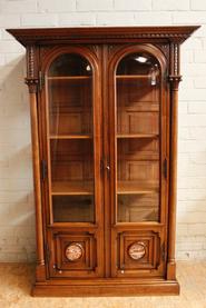 walnut Henri II cabinet with marble inlay 19th century (1 side glass has a small chip)