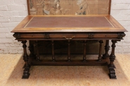 Desk table Henri II style in walnut with leather top.