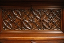 Gothic style Exceptional walnut gothic cabinet with paint glass doors in Walnut, France 19th century