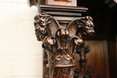 Gothic style Exceptional walnut gothic cabinet with paint glass doors in Walnut, France 19th century