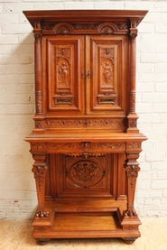 Exceptional walnut renaissance credenza with marble inlay signed by Rosel Bruxelles