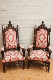 Pair oak gothic arm chairs