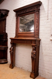 Renaissance figural fire mantel in walnut